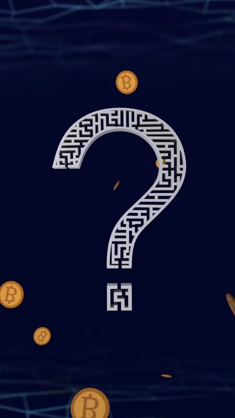 Question mark with maze pattern and bitcoins over dark blue digital network Stock Footage 323780807