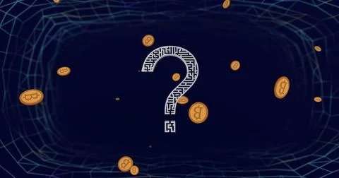 Question mark with maze pattern and bitcoins over dark blue digital network Stock Photos