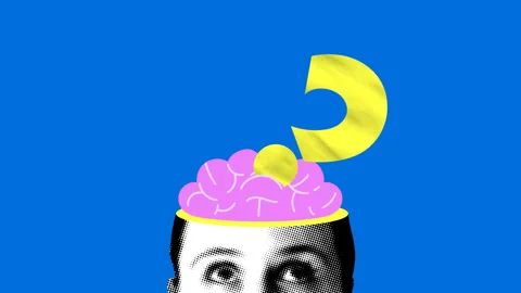 Question mark moves from side to side in the brain. Animated collage Stock Footage 328411410