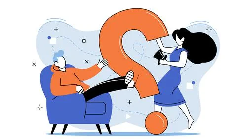 Question mark, obtaining information of interest. FAQ help. Problem and solution Stock Illustration