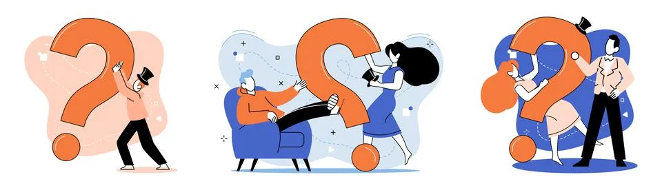 Question mark, obtaining information of interest. FAQ help. Problem and solution 스톡 일러스트
