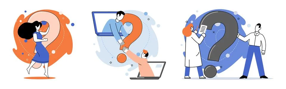 Question mark, obtaining information of interest. FAQ help. Problem and solution Illustrazione stock