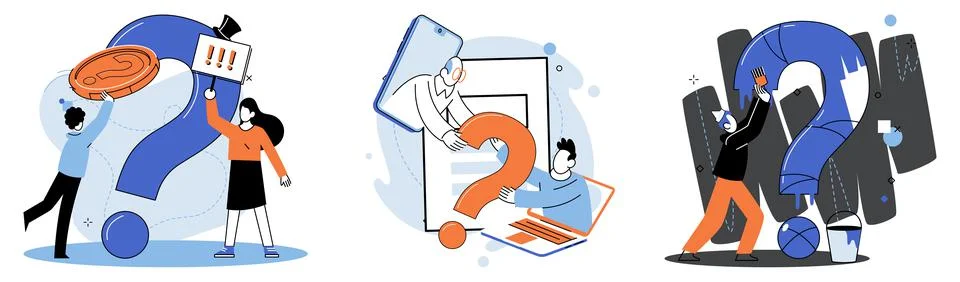 Question mark, obtaining information of interest. FAQ help. Problem and solution Illustrazione stock