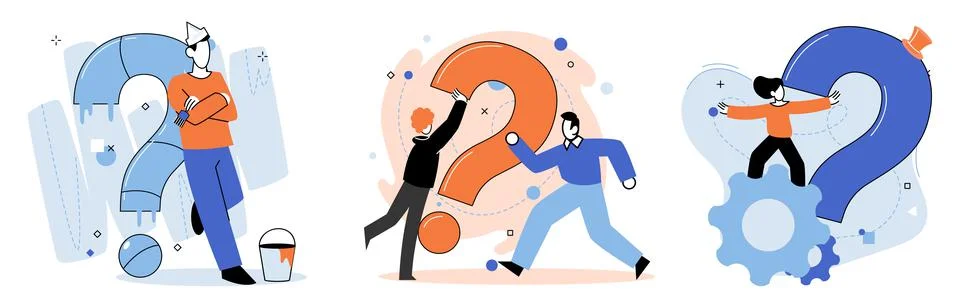 Question mark, obtaining information of interest. FAQ help. Problem and solution Illustrazione stock