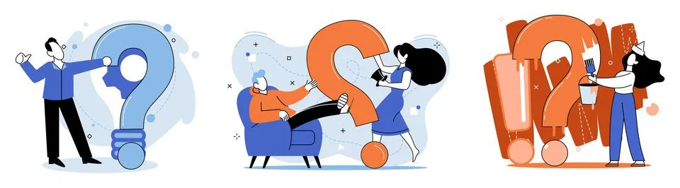 Question mark, obtaining information of interest. FAQ help. Problem and solution Illustrazione stock