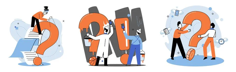 Question mark, obtaining information of interest. FAQ help. Problem and solution 스톡 일러스트