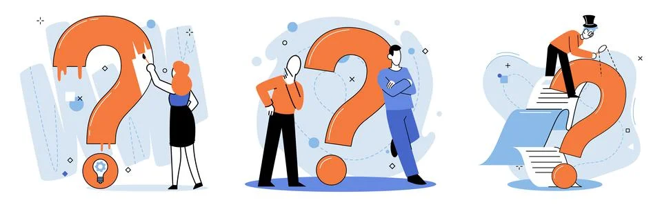 Question mark, obtaining information of interest. FAQ help. Problem and solution 스톡 일러스트