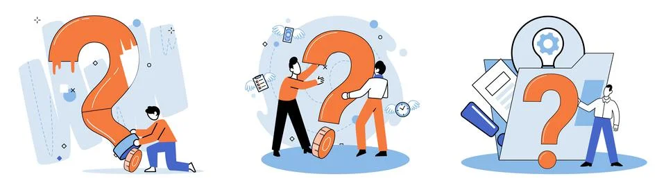 Question mark, obtaining information of interest. FAQ help. Problem and solution Stock Illustration