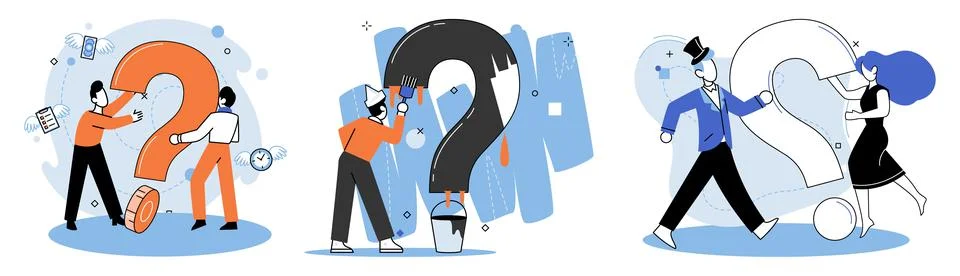 Question mark, obtaining information of interest. FAQ help. Problem and solution 스톡 일러스트