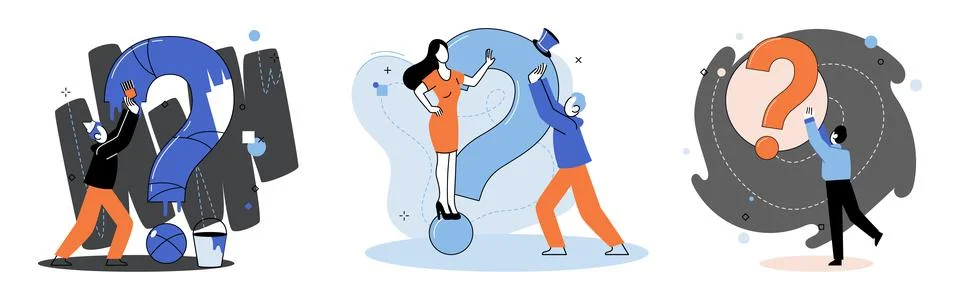 Question mark, obtaining information of interest. FAQ help. Problem and solution Illustrazione stock