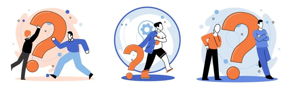 Question mark, obtaining information of interest. FAQ help. Problem and solution Illustrazione stock