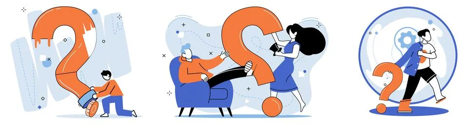 Question mark, obtaining information of interest. FAQ help. Problem and solution Stock Illustration