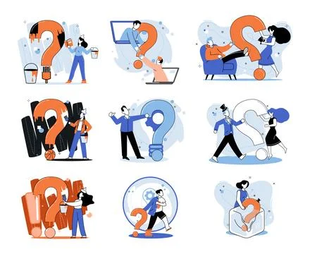 Question mark, obtaining information of interest. FAQ help. Problem and solution Stock Illustration