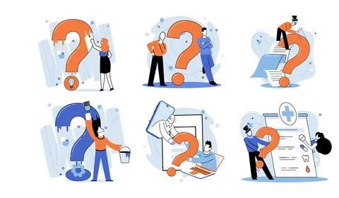 Question mark, obtaining information of interest. FAQ help. Problem and solution Stock Illustration