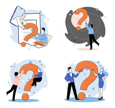 Question mark, obtaining information of interest. FAQ help. Problem and solution Illustrazione stock