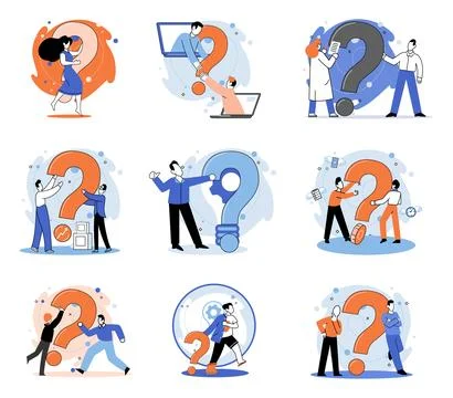 Question mark, obtaining information of interest. FAQ help. Problem and solution Stock Illustration