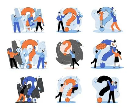 Question mark, obtaining information of interest. FAQ help. Problem and solution Stock Illustration