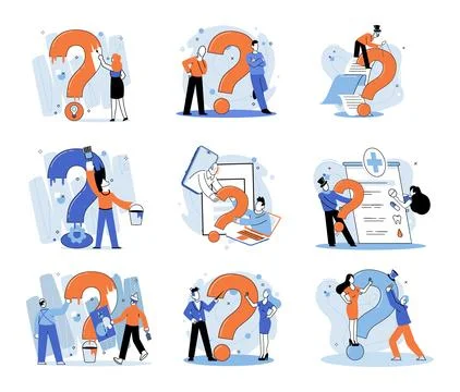 Question mark, obtaining information of interest. FAQ help. Problem and solution Stock Illustration