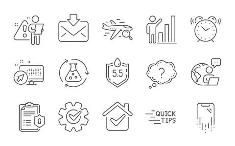 Question mark, Ph neutral and Incoming mail icons set. Search flight, Education Stock Illustration