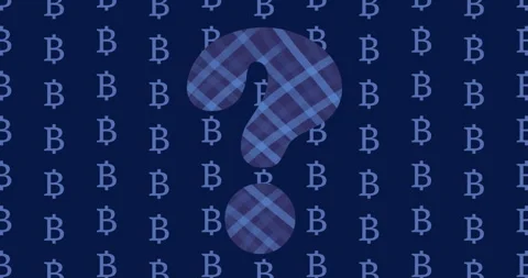 Question mark with plaid pattern over repeating Bitcoin symbols on dark Stock Footage 307661955