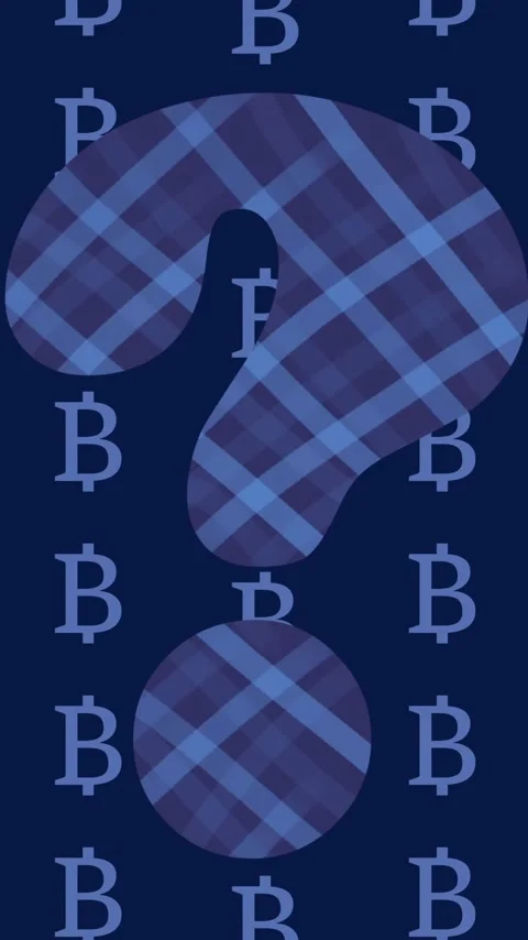 Question mark with plaid pattern over repeating Bitcoin symbols on dark Stock Footage 323780809