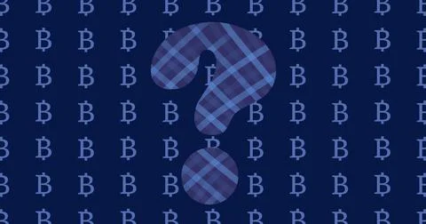 Question mark with plaid pattern over repeating Bitcoin symbols on dark Stock Photos