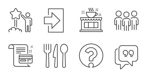 Question mark, Quote bubble and Star icons set. Payment card, Coffee shop and Stock Illustration