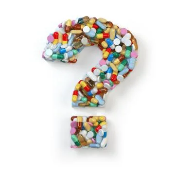 Question mark from red pills and capsules on white background. Medical and .. Stock Illustration