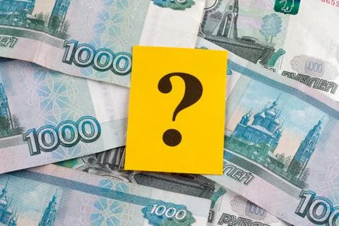 Question mark on russian banknotes Foto stock