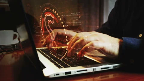 Question mark search and quiz symbol and man typing keyboard Stock Footage 218760285