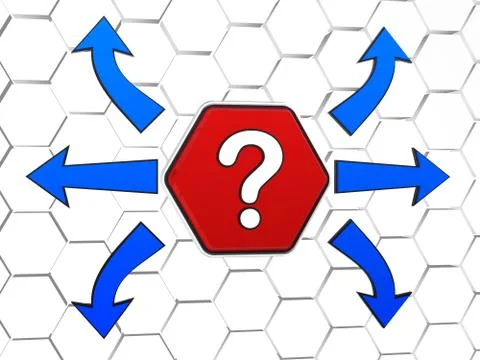 Question-mark sign with arrows in red hexagon Stock Illustration