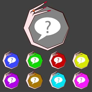 Question mark sign icon. Help speech bubble symbol. FAQ sign. Set colourful butt Stock Illustration