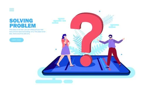 Question mark on smartphone, Team looking for application solution Illustrazione stock