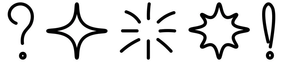Question mark, spark, sun rays, star, exclamation point. Sketch. Ilustración de archivo