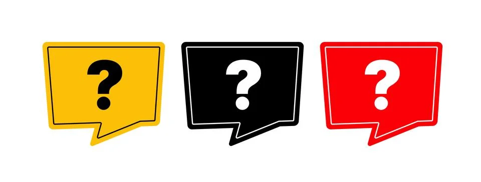 Question mark speech bubble icons set in yellow, black, and red colors, flat Stock Illustration