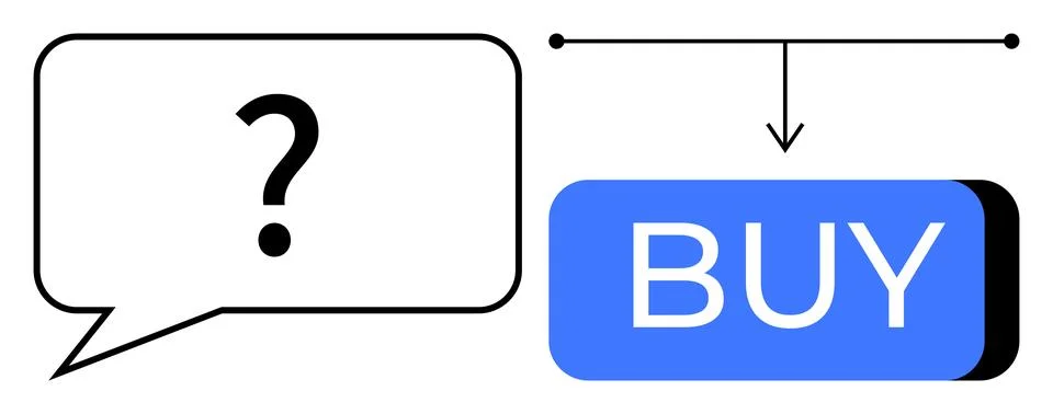 Question Mark in Speech Bubble Pointing to Blue Buy Button for Decision Makin Stock Illustration