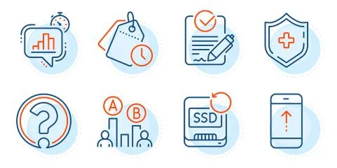 Question mark, Statistics timer and Medical shield icons set. Recovery ssd 库存插图