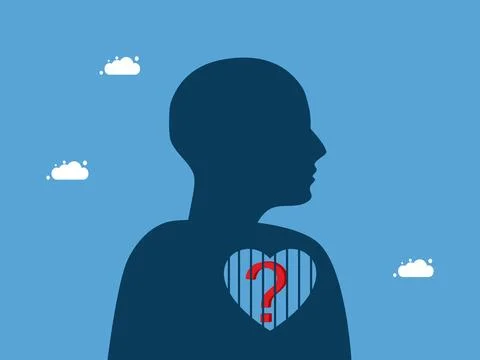 Question mark stuck in the heart prison. Problems in the mind. Vector illustr Stock Illustration