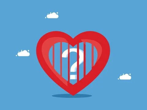 Question mark stuck in the heart prison. Problems in the mind. Vector illustr Stock Illustration