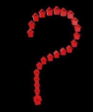 Question mark symbol consist of pattern of small red houses on black background. イラスト素材