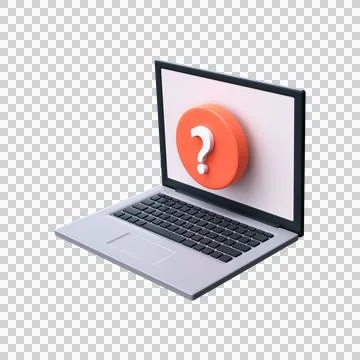 Question mark symbol on a laptop screen in 3D style.. Illustrazione stock