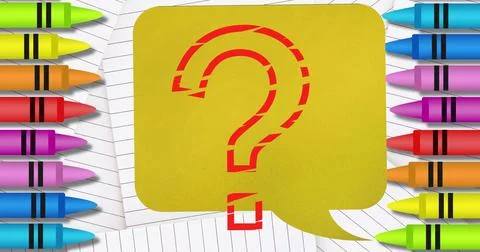 Question mark symbol over speech bubble against white lined paper and colorful Foto stock
