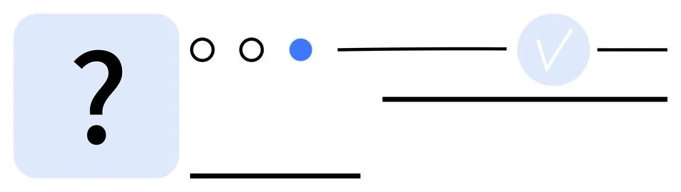 Question mark, three circular icons with blue highlight, horizontal lines, an Stock Illustration