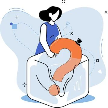 Question mark, why sign. Problem and solution concept. Girl looking for decision Stock Illustration