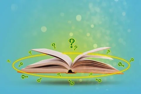 Question marks and magic lights around open book in air against light blue .. 写真素材