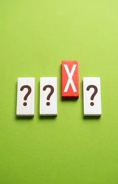 Question marks and red X. Test. Choose the wrong answer. Mistake correction.. Stock Photos