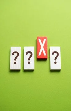Question marks and red X. Test. Choose the wrong answer. Mistake correctio... Stock Photos