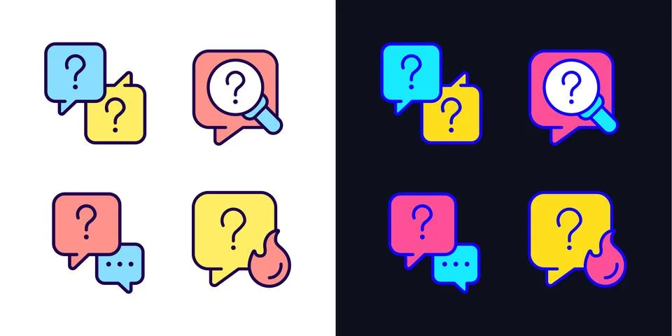 Question marks and speech bubbles light and dark theme color icons set Stock Illustration