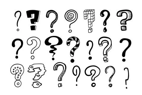 Question marks. Doodle hand drawn isolated set of interrogation signs, inky Illustrazione stock