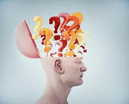 Question marks flying from a man's head. Illustrazione stock